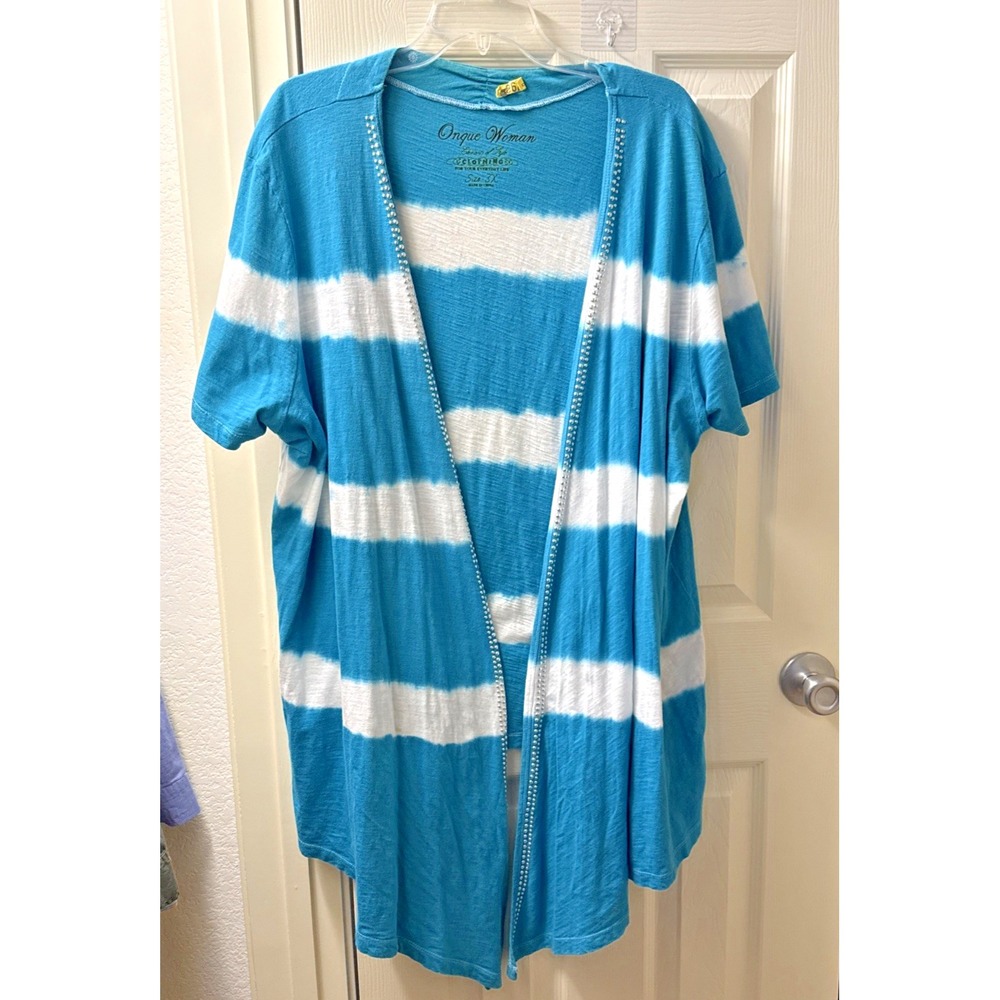 Onque Woman Blue White Striped Rhinestone Open Front Cover Top Plus Size 3XL